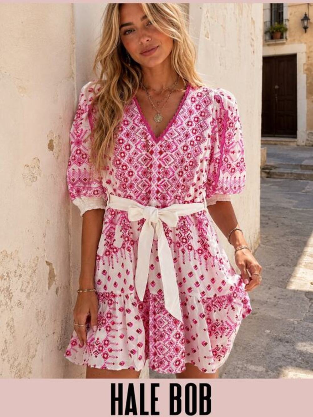 Hale Bob embroidered dress puff sleeves belted boho summer vacation Medium